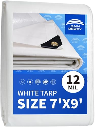 Lona blanca resistente de 12 mil de 7 x 9 pies, resistente a los rayos UV, impermeable, resistente a la intemperie, con ojales de metal y bordes