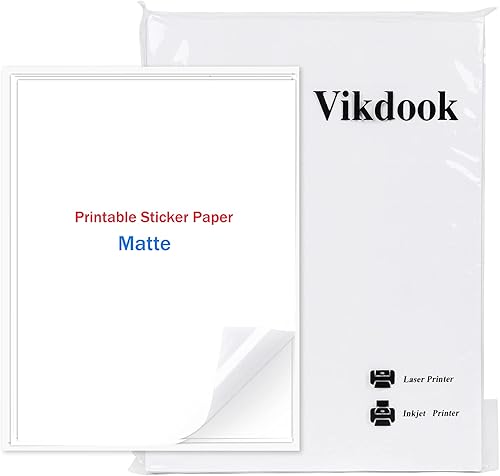VIKDOOK Papel adhesivo de vinilo imprimible para impresora de inyección de tinta y Cricut Maker de 8.5 x 11 pulgadas, hoja autoadhesiva impermeable