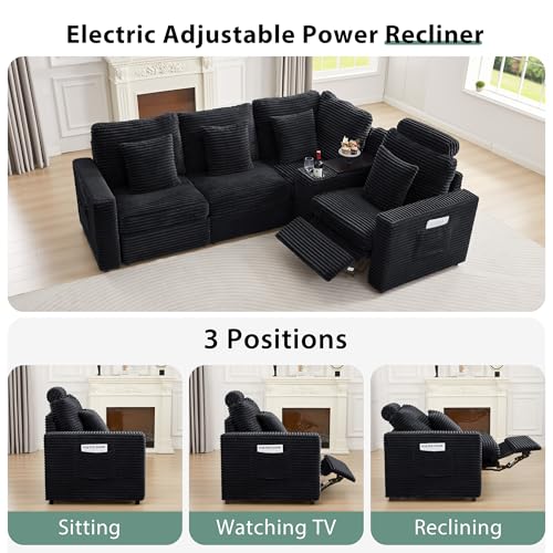 Image of RARZOE Modular Sectional Sofa with Power Recliner, 4-Seater L-Shaped Corduroy Reclining Couch with Storage Console Charging Cup Holders, Fluffy Recliner Sectional Couches for Living Room,Black