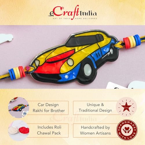 Image of eCraftIndia Car Design Rakhi for Kids Girls Boys with Best Bro Ever Fridge Magnet | Raksha Bandhan Kids Rakhi for Brother Bhaiya Bhai | Roli Chawal Pack