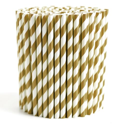 Paquete de 100 pajitas de papel biodegradables, gruesas y no empapadas, sin plástico, reciclables, duraderas, para beber, jugo, café y bebidas frías, pajitas ecológicas para fiestas, color dorado y