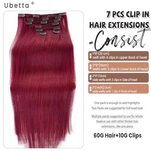 Image of Clip in Hair Extensions Real Human Hair, Burgundy Hair Extension Real Human Hair Clip ins 22 Inch Double Weft Hair Extensions Human Hair Clip in Extensions 7pcs 70G Clip in Hair Extensions for Women