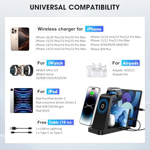 Wireless Charger for iPhone - 5 in 1 Charging Station for Multiple Devices Apple: Fast Wireless Charging Stand Dock for iPhone 16 15 14 13 12 Pro Max Apple Watch Airpods
