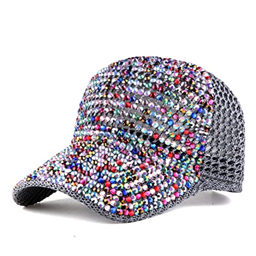 Women Men Studded Rhinestone Crystals Adjustable Ponytail Mesh Baseball Cap Shiny Bling Casual Sports Cap Breathable Sun Hat (B-Colorful Grey) #TOP29