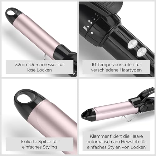 Foto von BaByliss 32mm Lockenstab – Turmalin-Keramik beschichteter Lockenstyler für große Locken, 10 Temperaturen, schnelles Aufheizen, frizzfreie Locken, integrierter Standfuß – Schwarz & Pink, C332E