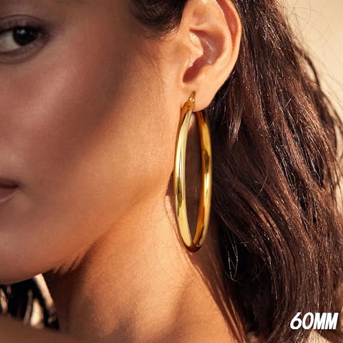BESTEEL 14K Chunky Gold Hoop Earrings for Women With 925 Sterling Silver Post Hollow Tube Hoops Earrings 4mm Thick Gold Hoop Earrings Hypoallergenic Lightweight Gold Large Hoop Earrings 25/30/40/50/60/70MM2