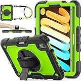 SEYMAC ストックケース iPad Mini 7 (A17 Pro) 2024/ Mini 6 8.3インチ用、[フルボディ] 落下防止ケース 360°回転スタンド付き [ペンシルホルダー] [スクリーンプロテクター] ハンドストラップ グリーン+ブラック