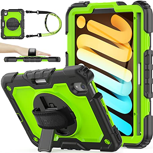 SEYMAC stock Case for iPad mini 7 (A17 Pro) 2024/ Mini 6 8.3'' with Screen Protector Pencil Holder [360 Rotating Hand Strap] &Stand, Drop-Proof Case for iPad mini 7th/6th Generation 8.3', Green+Black