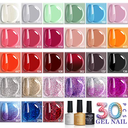 Lavender Violets Nail Polish Kit 27+3 Colors Sparkle Solid Pink Blue Red Color Changing Soak-Off Uv Gel With Base & No Wipe Top & Matte Top Gel For Nail Art Design C972 #TOP1
