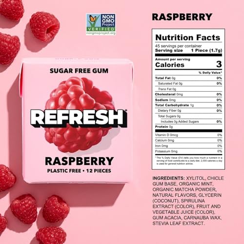 Image of Refresh Plant Based Gum, Sugar Free, Xylitol, 12 Pcs, 6 Pack (Raspberry)