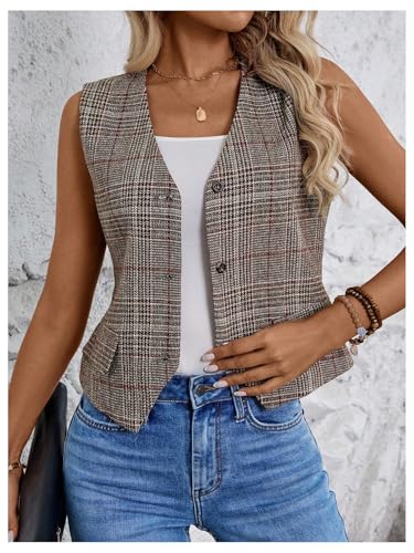 Milumia Women's Plaid V Neck Vest Single Breasted Sleeveless Work Blazer Jacket4