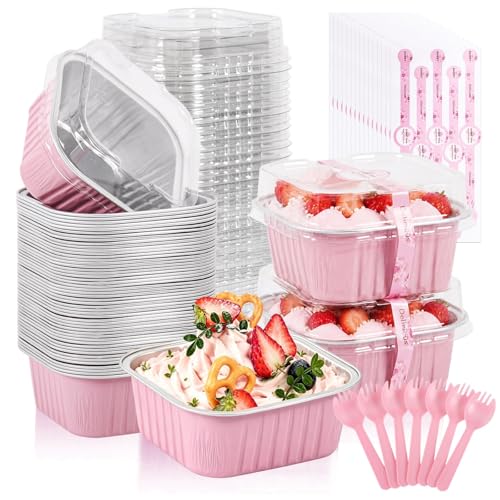 50 Pack Mini Cake Pans With Lids And Spoons 5oz Square Aluminum Foil Brownie Baking Cups Small Cake Tins Individual Cake Pans With Lids for Wedding Birthday Party (Pink)