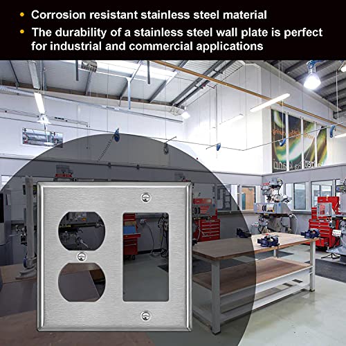 [2 Pack] Bestten 2-Gang Combination Metal Wall Plate With Ｗhite Or Clear Plastic Film, 1-Duplex/1-Decor, Anti-Corrosion Stainless Steel Outlet And Switch Cover, Standard Size, Brushed Finish, Silver #TOP2