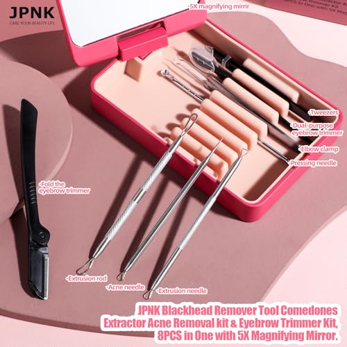JPNK Blackhead Remover Tool Comedones Extractor Acne Removal kit & Eyebrow Trimmer Kit, 8PCS in One with 5X Magnifying Mirror (Silver)