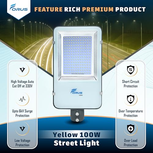 Image of Forus 100W LED Street Light Outdoor with 4 Year Warranty, IP66 Waterproof Decorative Focus Yellow Light for Road, Garden, Events, Security, Terrace, Landscape, Pathway, Building Lighting (1 PC)