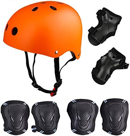 Besmall Kid's Protective Gear Set,Roller Skating Skateboard BMX Bike Cycling Sports Protective Gear Pads for Youth Boys Girls(Adjustable Helmet+Knee Pads+Elbow Pads+Wrist Pads) Orange M
