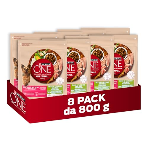 PURINA ONE Mini Small Controllo del peso Crocchette per Cani Adulti Sterilizzati con Tacchino e Riso 8 Sacchi da 800g