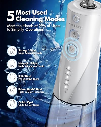 WAFLOO Munddusche – 5 Modi, 6 Zahnseidespitzen, wiederaufladbar, kabellos, tragbar, 300 ml größerer Tank, elektrischer Wasserflosser-Reiniger, IPX7, wasserdicht, Zahnseide, Weiß – Bild 3