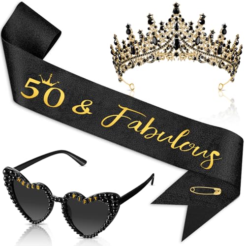 3 Pcs 50th Birthday Decorations for Women, 50th Birthday Sash and Crown Tiara 50 & Fabulous Hello Fifty Sunglasses(Black Gold)