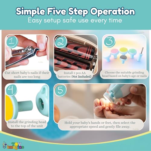 Image of Toy Imagine Electric Baby Nail Trimmer with LED Light Baby Nail Cutter for Newborn 0-6 Months Gentle Nail Filer with 6 Filer Heads Adjustable Speed Quiet Baby Grooming Kit for Kids Multi Colour