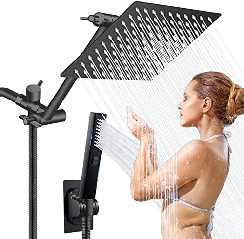 Shower Head,12 '' High Pressure Rain/Rainfall Shower Head/Handheld Showerhead Combo,13'' Brass Adjustable Extension Arm,3+2 Spray,78-inch Hose Adhesive Showerhead Holder,Black Shower heads