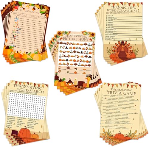 MLOLM 129 Pcs Thanksgiving Games Set Thanksgiving Party Game Cards for Adults Thanksgiving Word Search Scramble Trivia Game for Family Fall Thanksgiving Harvest Activities Party Game Supplies