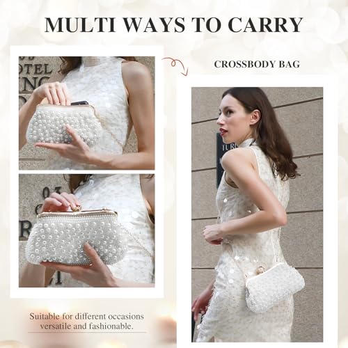 Image of UBORSE Women Pearl Clutch Bag Noble Crystal Beaded Evening Bag Wedding Clutch with Pearl Chain