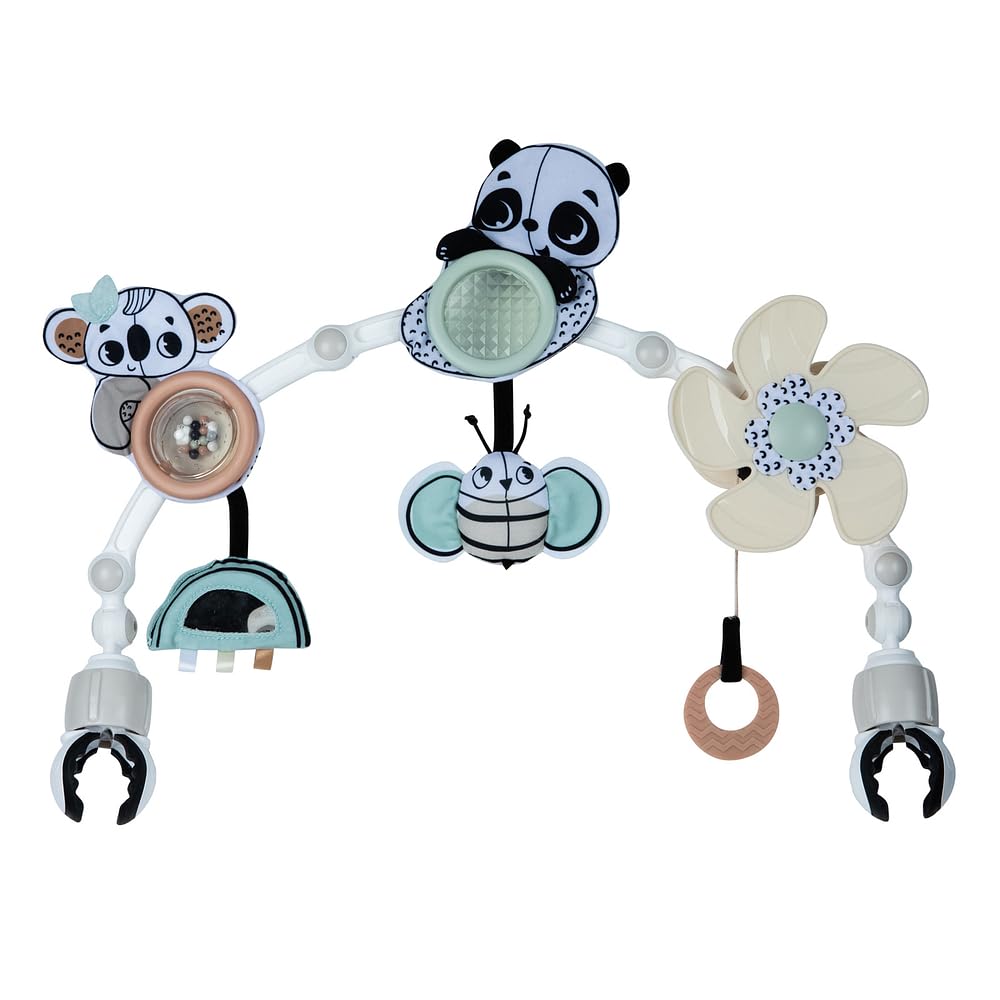 Tiny Love Arche de Promenade ensoleillée, Arche d’éveil réglable pour bébé, Ventilateur activé par bébé, Miroir Facile à Tirer, Balle à hochet, Prisme Solaire Transparent, Black & White Décor
