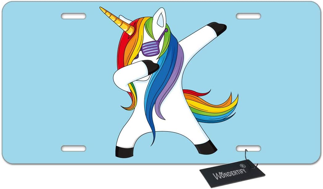 WONDERTIFY License Plate Funny Colorful Unicorn Horse Dabbing Dance with Glass on Blue Background Decorative Car Front License Plate,Metal Car Plate,Aluminum Novelty License Plate,6 X 12 Inch