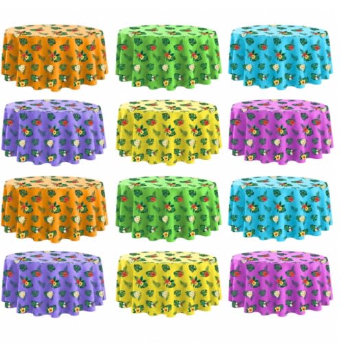 Image of Oudain 12 Pcs 84 inch Summer Round Hawaiian Tablecloths, Lagre Tropical Luau Plastic Table Covers with Palm Leaves & Hibiscus Flower, Aloha Tiki Beach Pool Party Decorations Supplies (Multicolor)