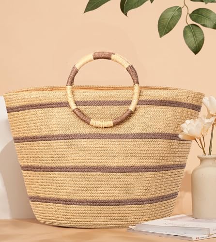 Image of Beach Bags for Women Straw Tote Bag Summer Beach Bag Large Woven Straw Tote for Vacation Holiday