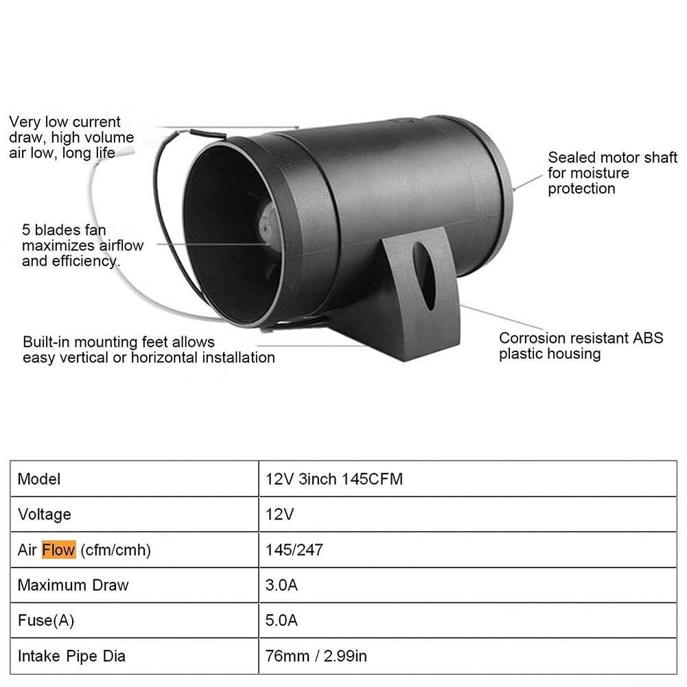 Zoegneer Ventilador de aire de escape de barco de plástico negro, soplador de cabina CC, soplador de escape marino de 12 V