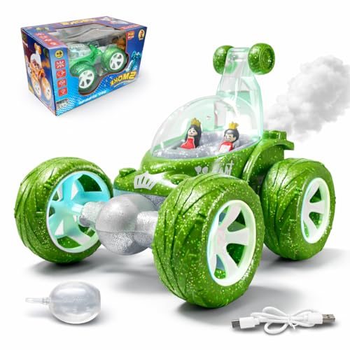 Image of SMART BOY 360 Rotational Stunt Remote Control Car for Kids, USB Rechargeable RC Toy for Boys and Girls, Mist Smoke Effect, Lights & Music, Anti-Skid Rubber Tires - Indoor Outdoor Car 9883 Green