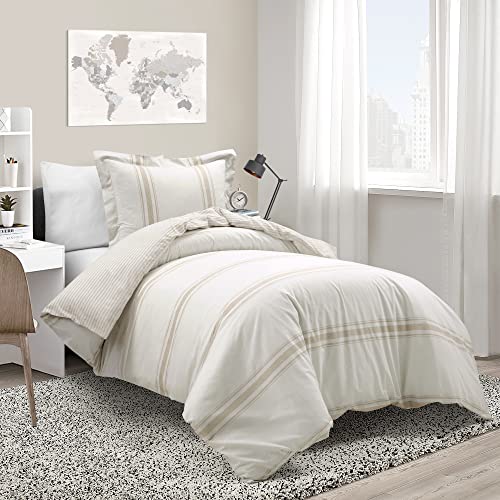 Lush Decor Farmhouse Stripe Reversible Cotton Duvet Cover Twin XL Size 2 Piece Set Neutral - Twin XL Bedding Set - Striped Duvet Cover - Dorm Essentials