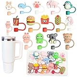 14Pcs Tumbler Straw Covers with Storage Case,10mm 0.4 in Cute Animals Reusable Straw Toppers for 30&40 oz Stanley Cup Accessories,Food Silicone Straws Cover(14 Pcs)
