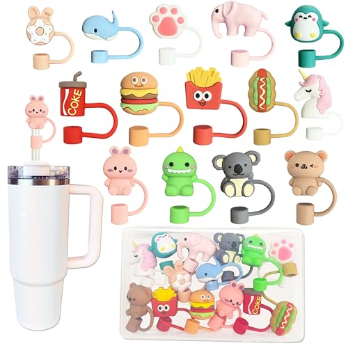 14Pcs Tumbler Straw Covers with Storage Case,10mm 0.4 in Cute Animals Reusable Straw Toppers for 30&40 oz Stanley Cup Accessories,Food Silicone Straws Cover(14 Pcs)
