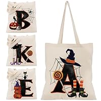 Halloween Initial Tote Bags Gifts for Girl Boy - 15\"x16\" Personalised Trick or Treat Bag Pumpkin Party Canvas Shoulder Bag C1 (Initial #A)