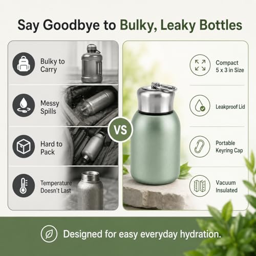Image of Mini Stainless Steel Vacuum Insulated Water Bottle, 280ml, Black, Leakproof, Hot and Cold, with Keyring Cap (Green)
