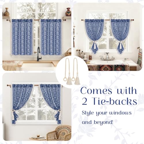 Image of Yinhua Boho Kitchen Curtains 36 Inch Length Vintage Linen Cafe Curtains Light Filtering Bohemian Floral Tier Rod Pocket Farmhouse Rustic Tassel Small Drapes with Tiebacks, 2 Panels, Blue