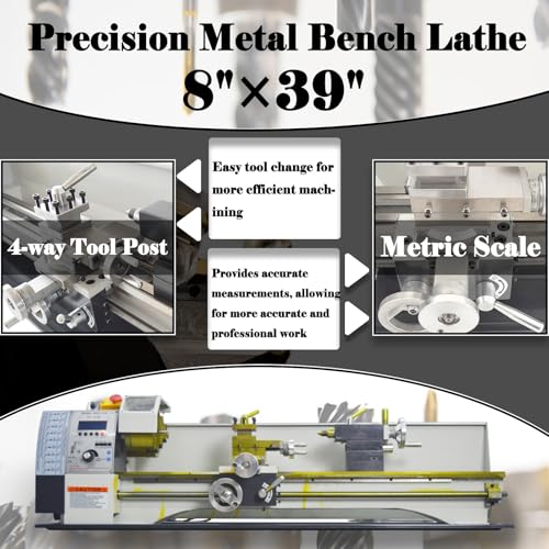 EQCOTWEA Metal Lathe 8"X39" Benchtop Lathe Machine Precision Hobby DIY Table Lathe Metal Working Lathe Electronic Gearless Horizontal Wood Lathe 1100W Brushless 50-2500rpm Imperial/Metric RC-210E 110V - Image 3