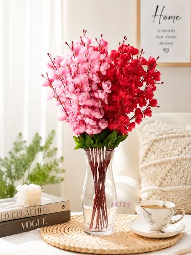 Image of ARTSY Artificial Flowers Bunch for Decoration Cherry Blossom, Ideal for vase, Home, Office Decor, Gifts, Craft, Artificial Plants for Decoration, Without vase, Pink Maroon, Combo, 2 Pieces