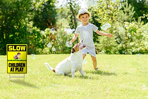 MuaToo Slow Children at Play Yellow Yard Sign, Warning Signs on Lawns, Sidewalks, Yards and Sriveways - with Metal Wire H-Stakes, Double-Sided Printing(Sign Size 9\" X 12\")
