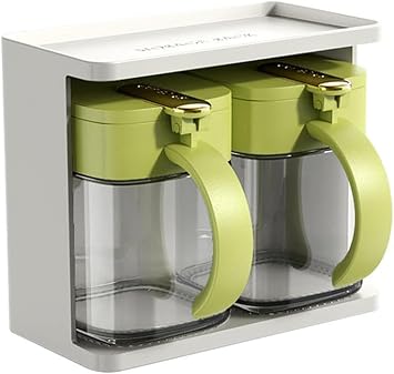 Seasoning Box, Condiment Jar Spice Container with PP Lids & Spoons,Heat-resistant glass seasoning jar, seasoning Containers with rack sealed storage for Kitchen, Counter, Food Storage