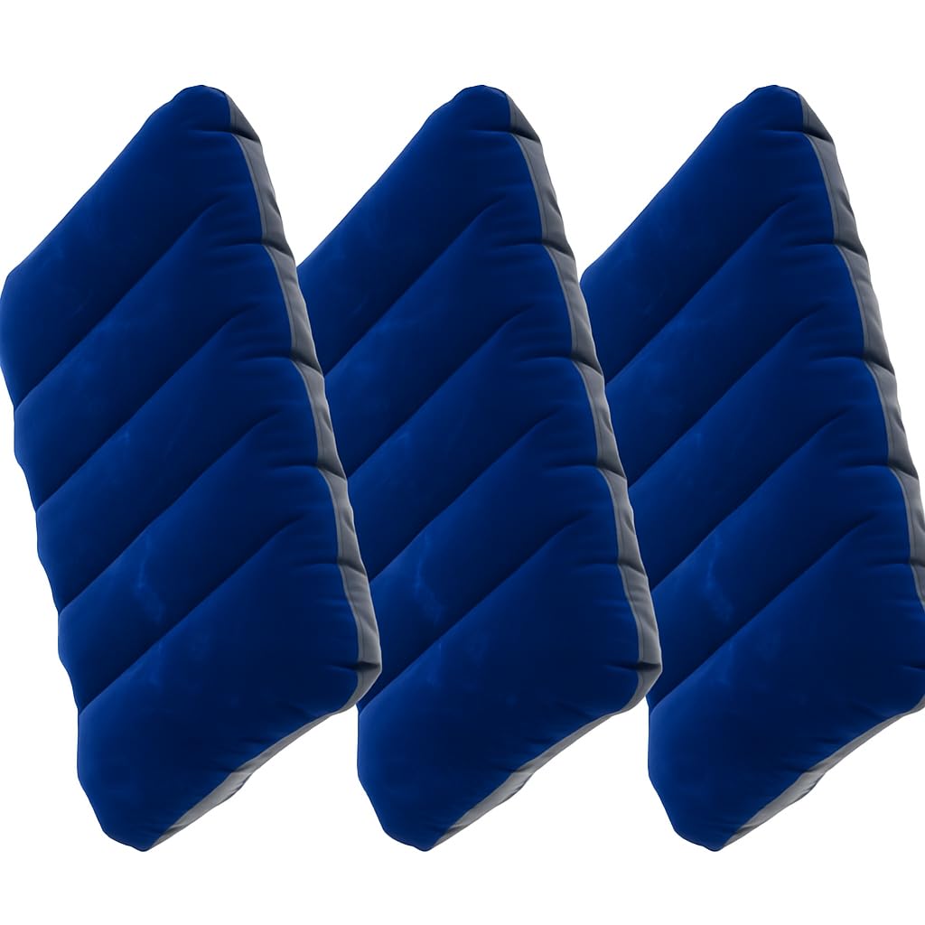 ZIGZAP | Inflatable Velvet Travel Pillow | Soft Blow-Up Air Cushion for Sleeping, Camping, Outdoor, Car, Kids, Baby, Adults | Foldable Portable – 47x30cm Blue Pack of 3