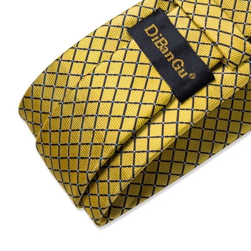 Image of DiBanGu Mens Yellow Plaid Tie Woven Checkered Necktie with Pocket Square Cufflinks Sets in Gift Box Party