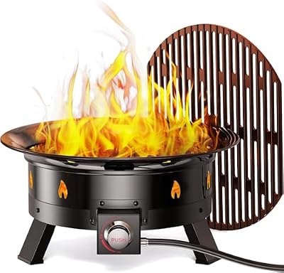 Amada Propane Fire Pit 24 Inch, Portable Gas Fire Pit with Grill Grate, Folding Legs, Propane Tank Holder, Cover & Carry Kit for Outdoor, Camping, Patio, 58,000 BTU