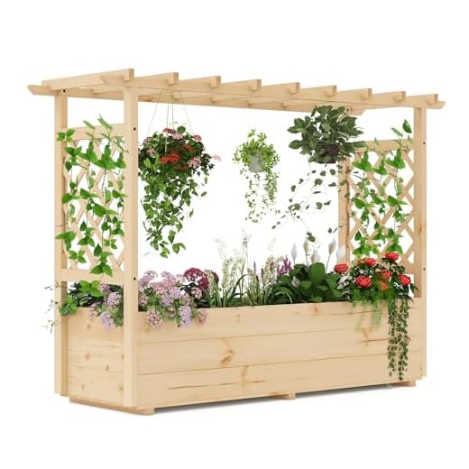 COSTWAY Hochbeet mit Rankgitter & hängendem Dach, Pflanzkasten mit Rankhilfe & Abflusslöchern, Blumenkasten für Kletterpflanzen, für Garten Hof Terrasse, Pflanzgefäß Holz, Natur, 148 x 50 x 103 cm