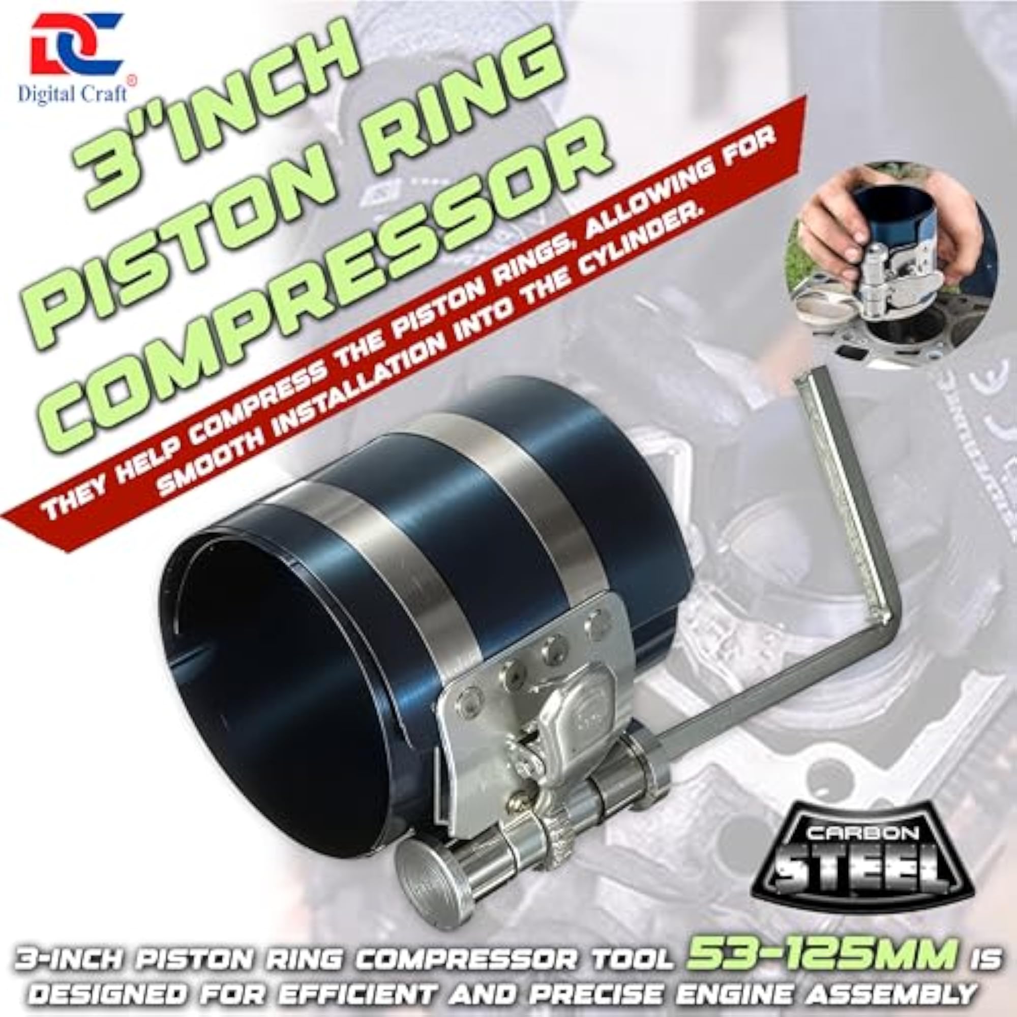 3 Car Engine Piston Ring Compressor Tool, 53-125mm
