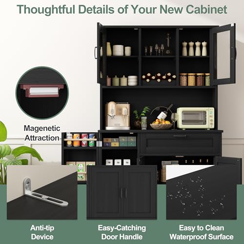 Image of Shintenchi Kitchen Pantry Storage Cabinet, Freestanding Buffet Cabinet with Microwave Stand & 3 Door Shelves, Kitchen Hutch with Doors, Adjustable Shelves and Wine Rack, Black