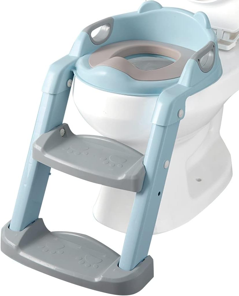 Potty Training Seat with Ladder Adjustable Height Toilet Training Seat, Lightweight and Foldable Potty Chair ​for Boys and Girls, Load-Bearing 50kg (Color : Blue, Size : 42 * 39.6 * 29.9cm)